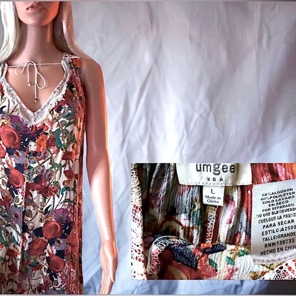 Vintage l Umgee Summer Mini Dress l Lace Back l Cream with Floral Print l L - Picture 4 of 9